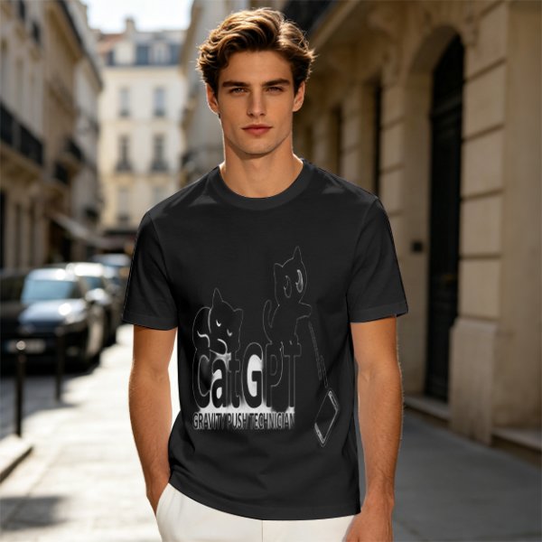Olive green graphic t-shirt with CatGPT and mischievous cat prints