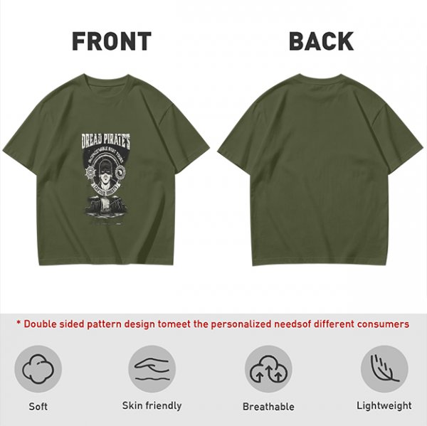 Olive green t-shirt with Dread Pirates graphic print