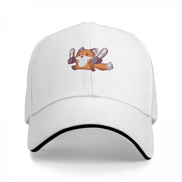 Black baseball cap with a cheerful fox holding chainsaws graphic