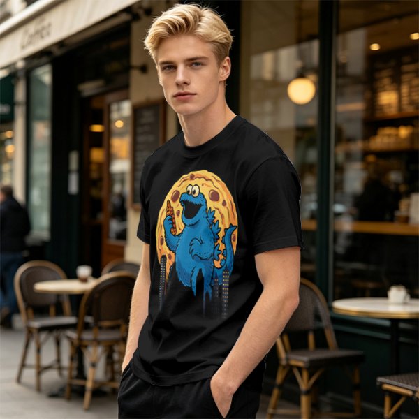 Olive T-Shirt Featuring Giant Cookie Monster Holding Cookie Against Moon