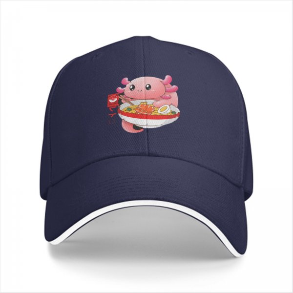 Black baseball cap with cute axolotl eating ramen graphic