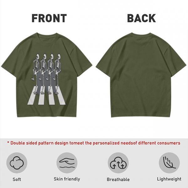 Olive T-Shirt With Skeletons Crossing Abbey Road Style Crosswalk Print