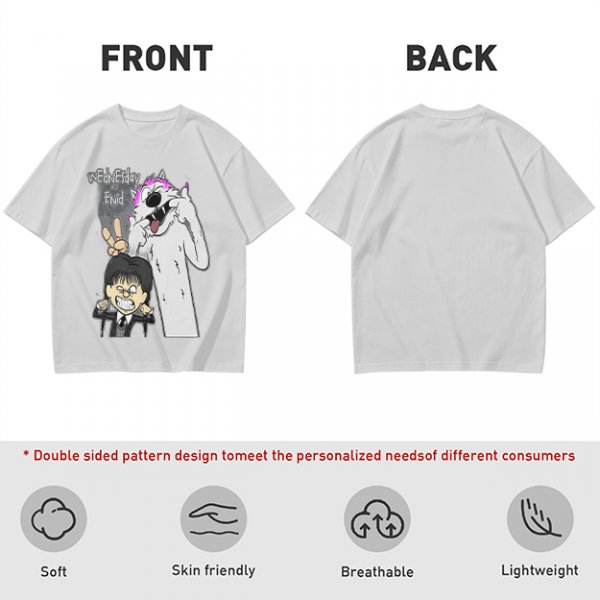 Olive graphic tee with Wednesday and Enid cartoon wolf design