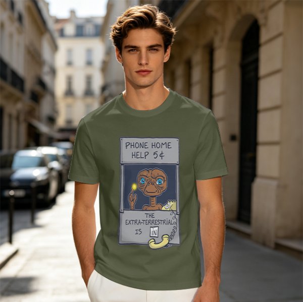 Olive green t-shirt with E.T. phone home graphic print