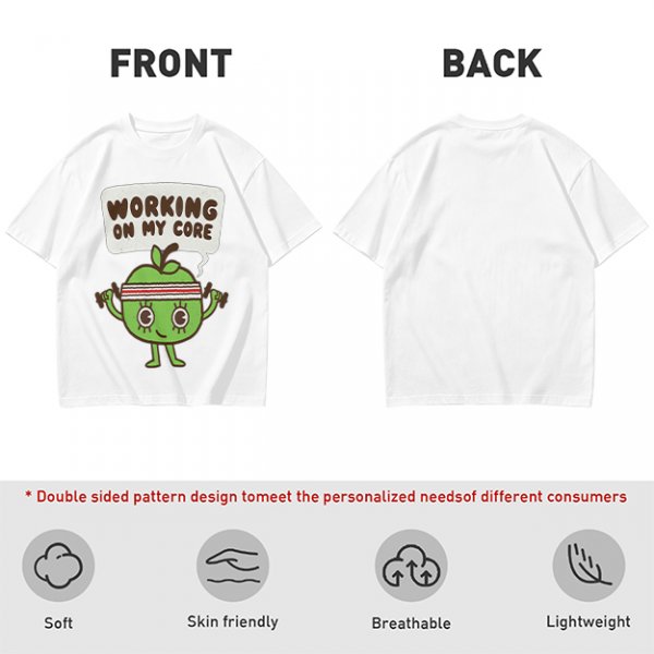 Olive green t-shirt with cartoon apple lifting dumbbells and 'Working on my core' text