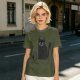 Olive Green T-Shirt With Cute Surprised Black Cat And Bell Print