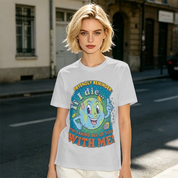 Olive t-shirt with cartoon earth 'friendly reminder' print