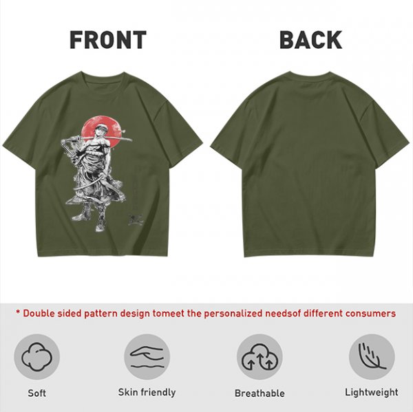 Olive T-shirt with Samurai Swordsman and Red Sun Print
