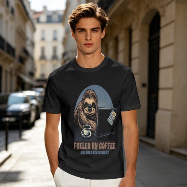 Sloth working on laptop with coffee fueled by coffee and mild resentment t-shirt