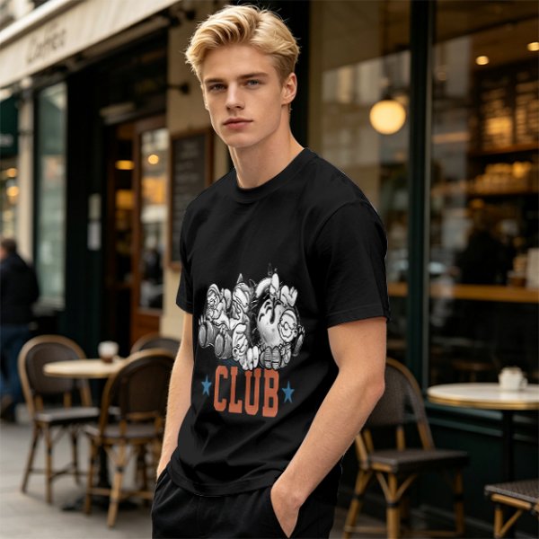 Olive T-Shirt With Cartoon Characters And 'CLUB' Graphic Print
