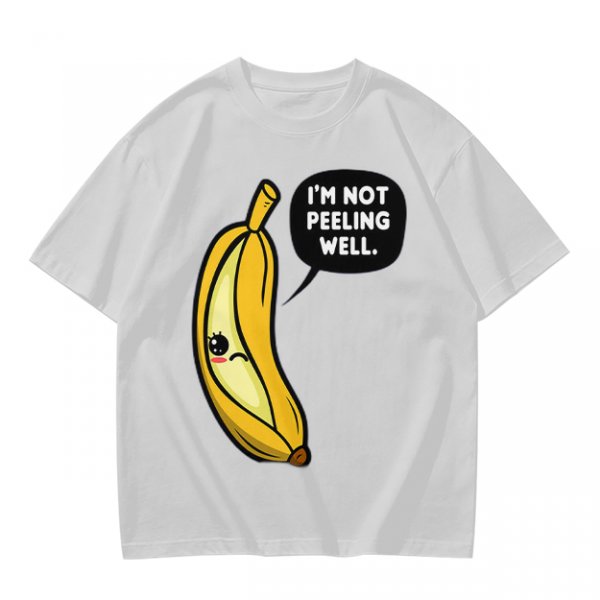 Olive T-shirt with sad banana graphic reading I'm not peeling well
