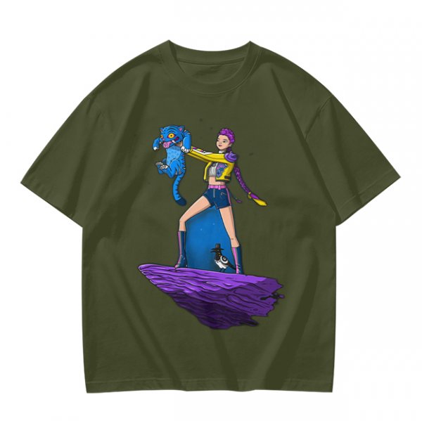 Olive T-shirt with Art Print of Girl Holding Blue Creature on Floating Rock