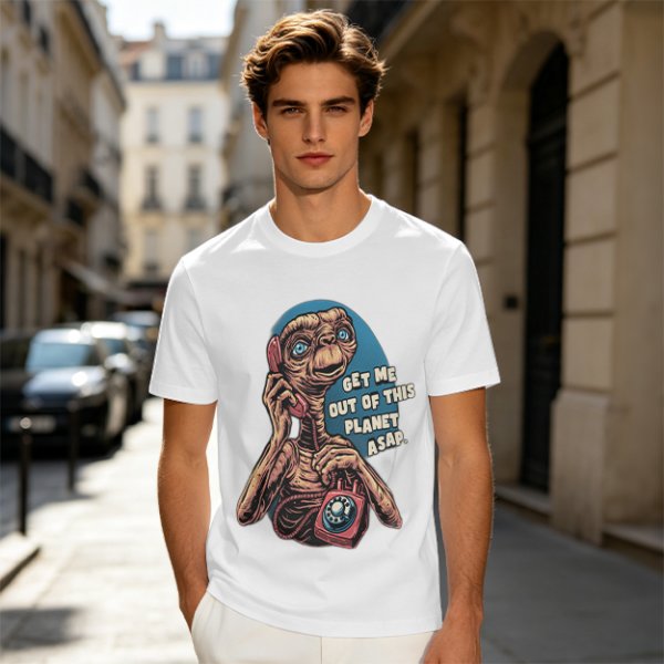 Olive t-shirt with E.T. 'Get Me Out Of This Planet ASAP' print