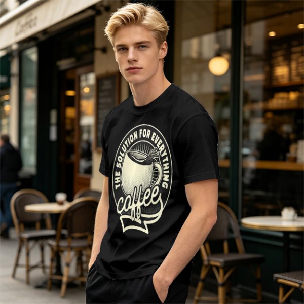 Olive t-shirt with coffee themed 'the solution for everything' print