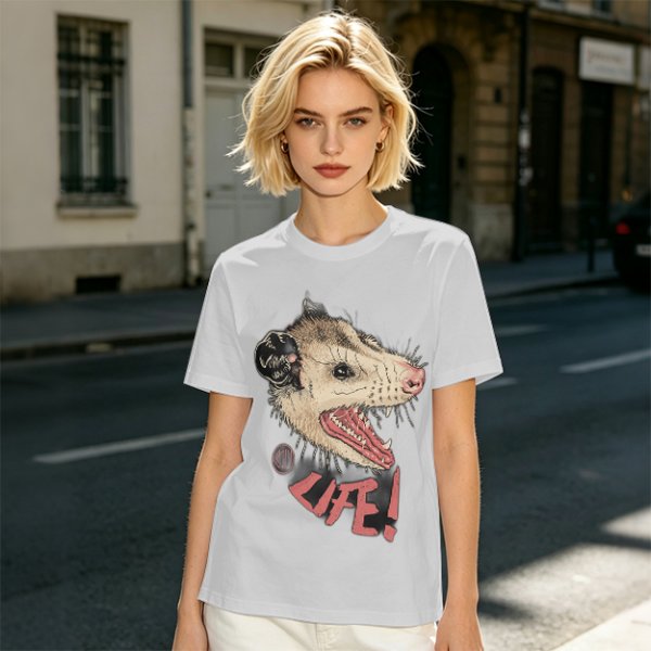 Olive T-Shirt With Aggressive Opossum 'LIFE!' Graphic Print