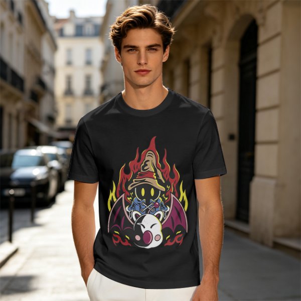 Olive T-shirt with Final Fantasy Vivi and Moogle Fire Artwork