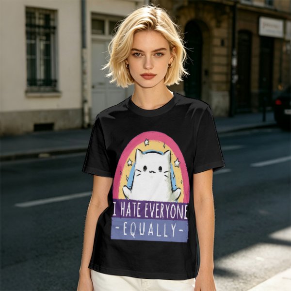 Olive graphic t-shirt with a white cat and 'I hate everyone equally' print