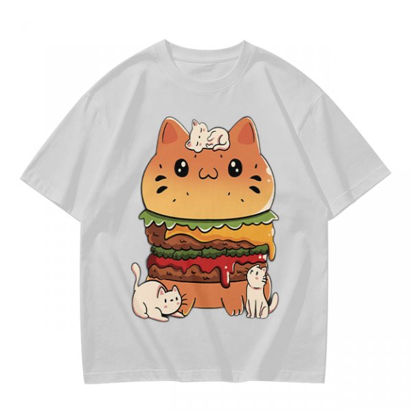 Olive T-Shirt With Cute Cat Burger And Kittens Print