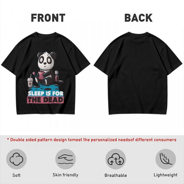 Olive t-shirt with panda drinking coffee and 'Sleep is for the dead' text