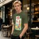 Olive graphic tee with Laser Cats retro comic print of kids holding laser cats