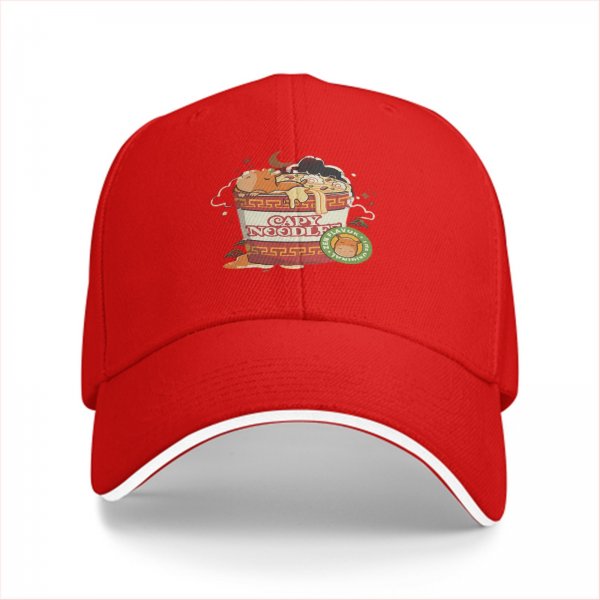 Black baseball cap with capybara in ramen cup graphic