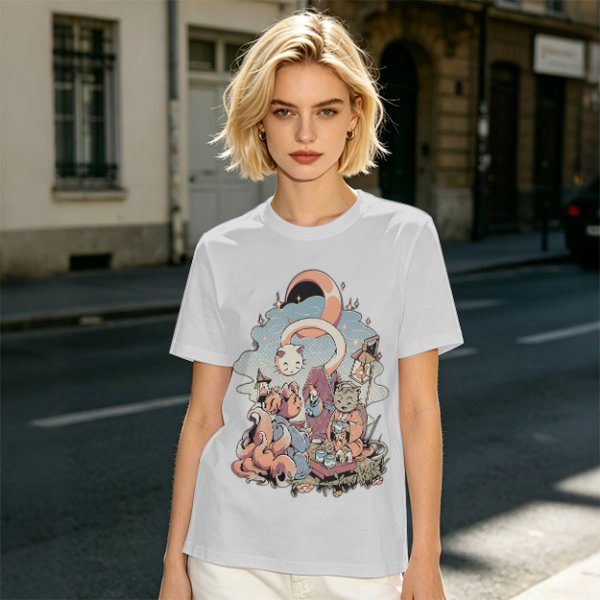 Olive T-Shirt With Whimsical Cat Crescent Moon Artwork