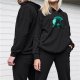 Black hoodie with glowing cat and umbrella graphic design