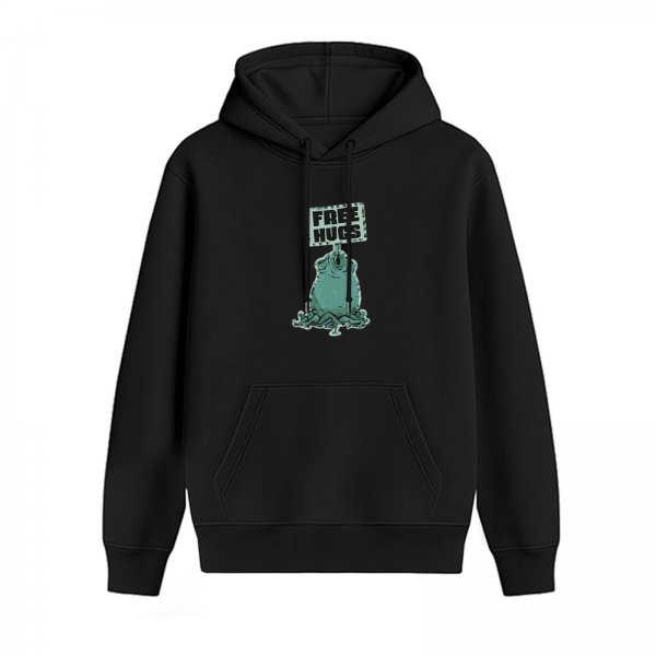 Black hoodie with free hugs monster graphic print