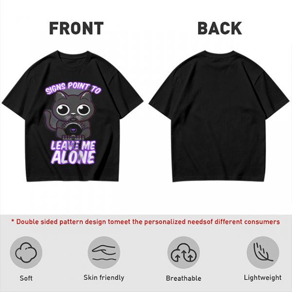Olive t-shirt with a black cat holding a magic 8 ball and text 'Signs Point To Leave Me Alone'