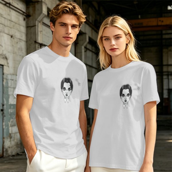 Oversized Olive T-Shirt With Wednesday Addams Portrait Print