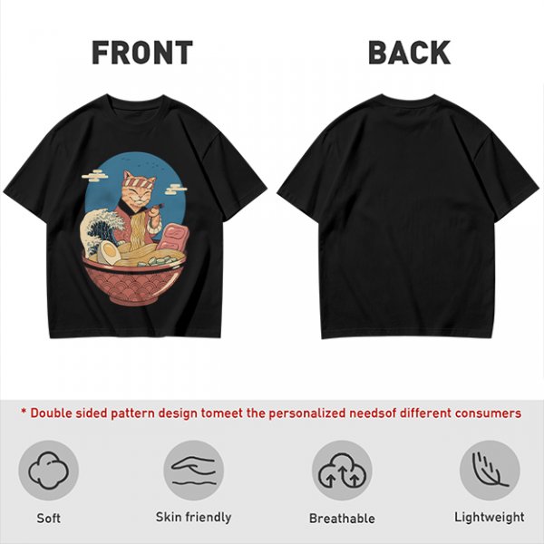 Cat Chef Eating Ramen in Great Wave Bowl T-Shirt