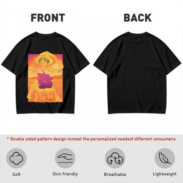 One Piece Straw Hat Crew Sunset Pirate Ship Graphic T-Shirt