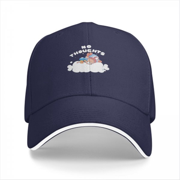 Black baseball cap with no thoughts sleeping character on cloud graphic