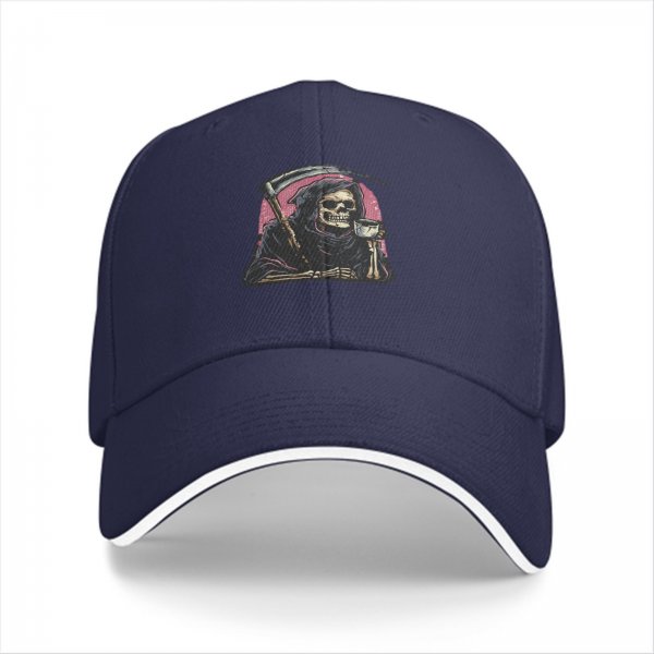 Black Baseball Cap With Grim Reaper Holding Scythe And Drink Graphic