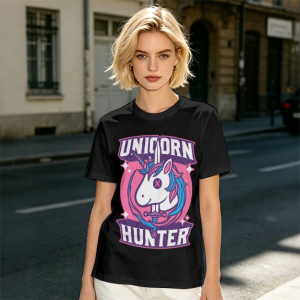 Unicorn Hunter Graphic Tee with Sword and Sparkle Design