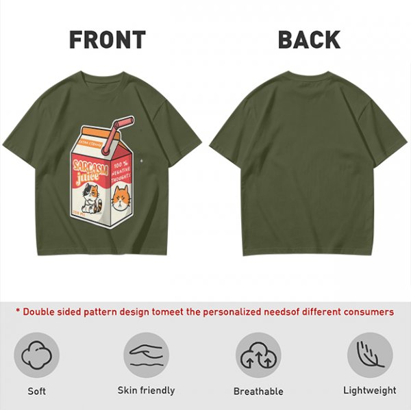 Olive green t-shirt with sarcasm juice carton and grumpy cat print