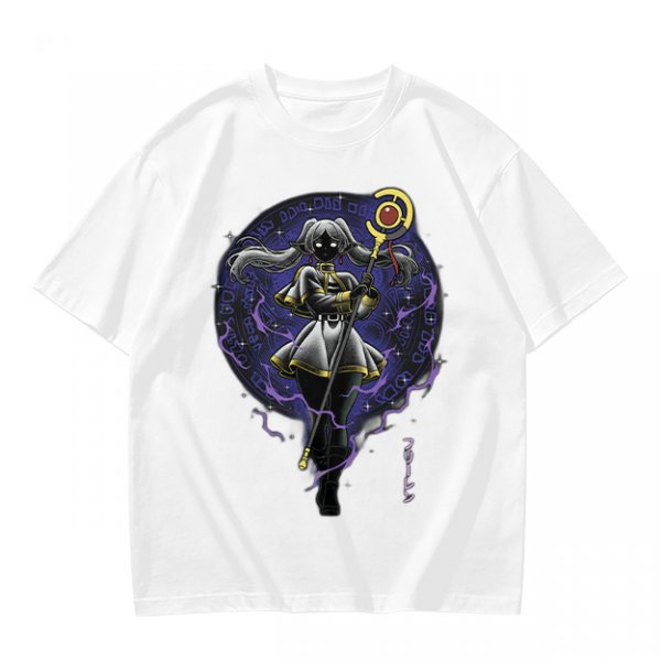 Olive T-shirt with dark anime elf mage holding staff and purple magic circle print