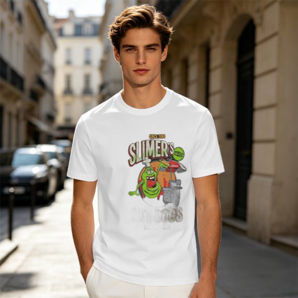 Olive green t-shirt with Slimer's Ghostbusters themed graphic print