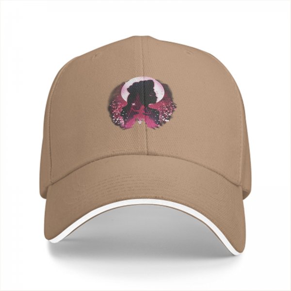 Black baseball cap with pink moon and princess silhouette graphic