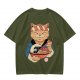 Olive T-Shirt with Japanese Ramen Chef Cat Graphic