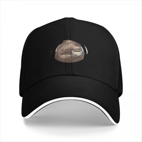 Black baseball cap with capybara holding coffee cup print