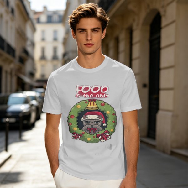 Food is the only Christmas grumpy cat wreath graphic tee