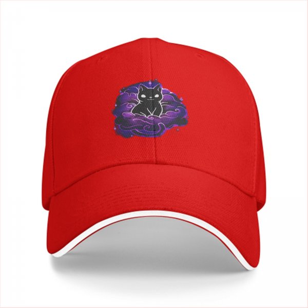 Black Baseball Cap With Purple Galaxy Cloud And Black Cat Print