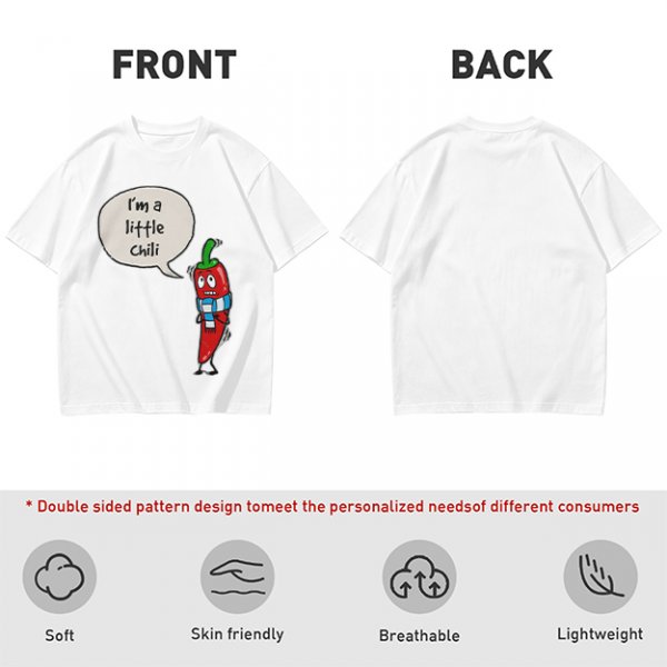 Olive green t-shirt with funny 'I'm a little chili' cartoon chili print