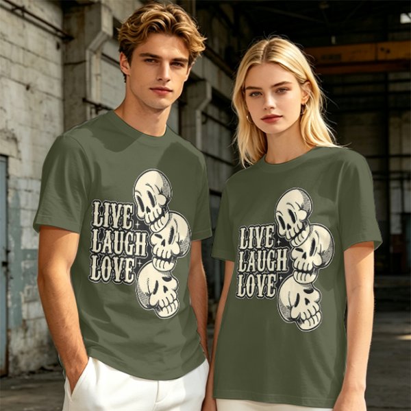 Olive Graphic T-Shirt with Live Laugh Love and Stacked Skulls