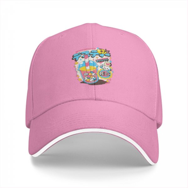 Black baseball cap with kawaii skull bubble tea graphic print