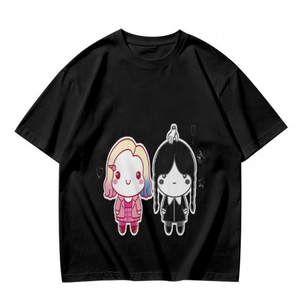 Olive T-Shirt with Chibi Wednesday Addams and Enid Sinclair Print