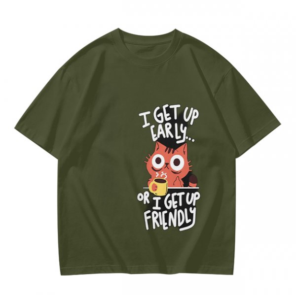 Olive t-shirt with funny cat coffee early morning quote