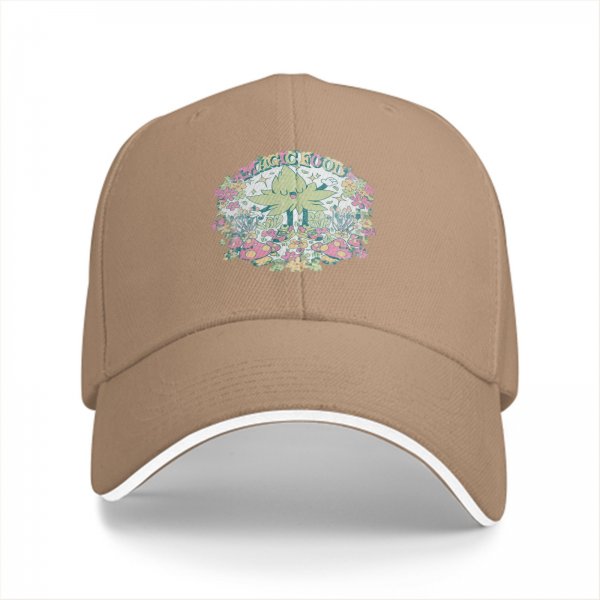 Black baseball cap with whimsical magical plant and mushroom graphic
