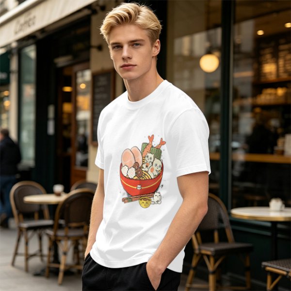 Olive T-Shirt With Cute Cat Ramen Bowl Graphic Print